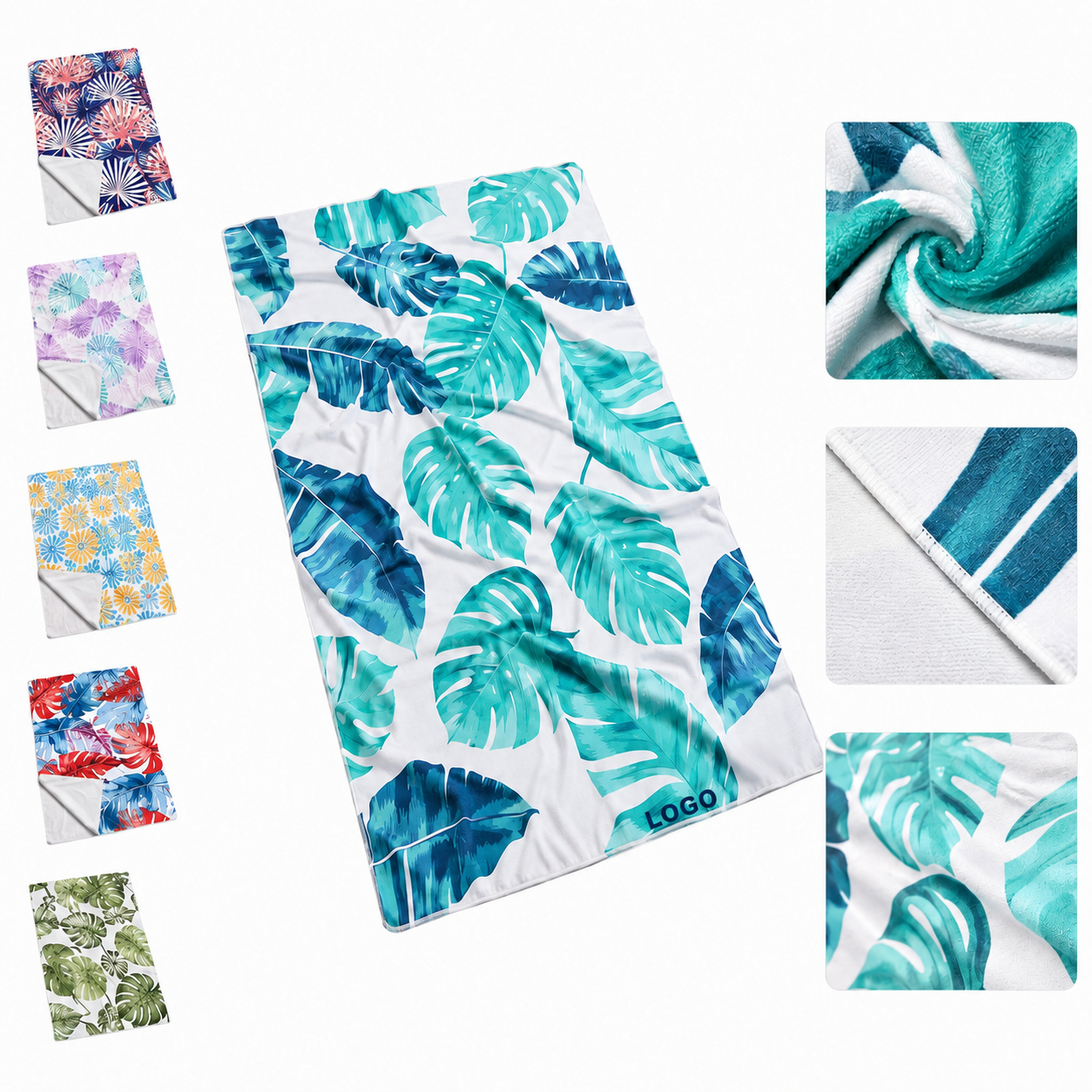 Vibrant Tropical Leaf Print Quick-Dry Microfiber Beach Towel