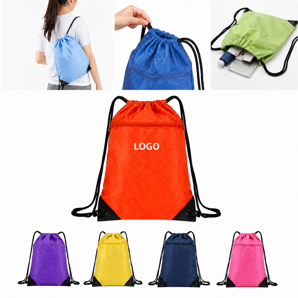Water-Resistant Oxford Cinch Pack with Horizontal Zipper Compartment