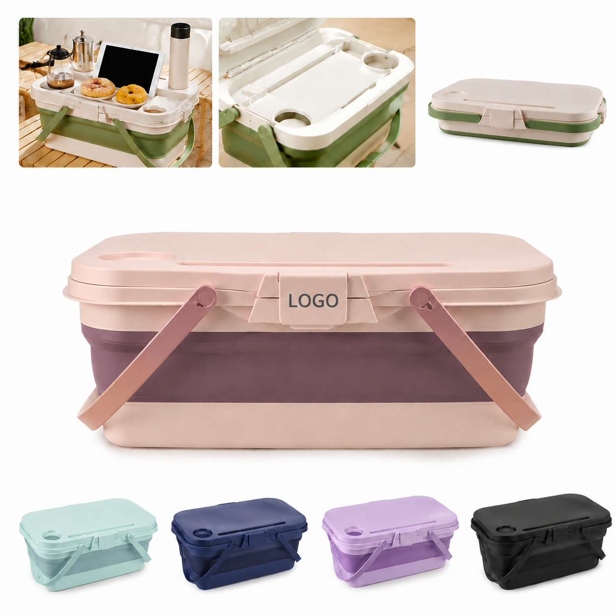 Collapsible Picnic Basket with Integrated Table Lid and Cup Holders