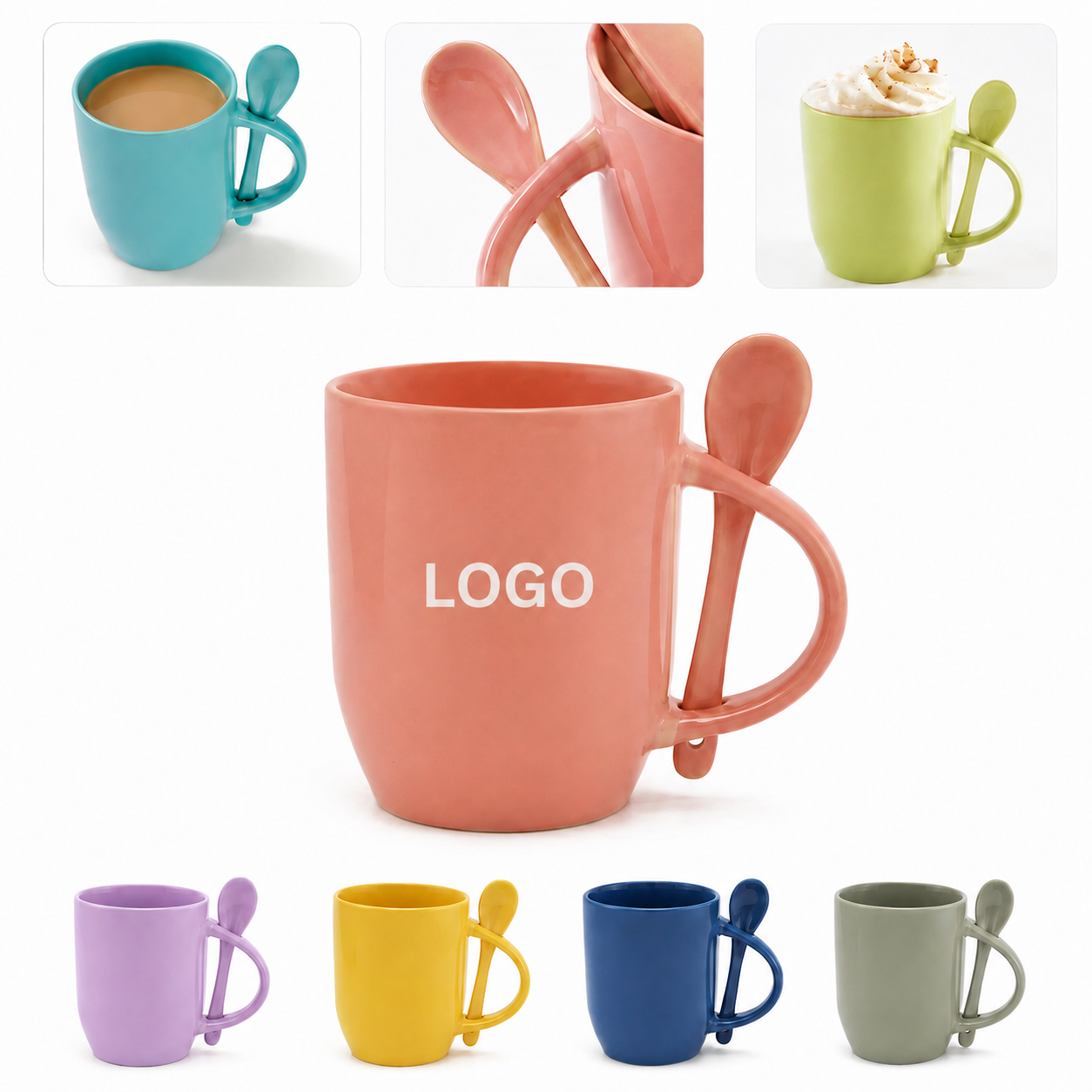 Ceramic Bistro Mug with Integrated Spoon Slot and Color-Matched Accessories