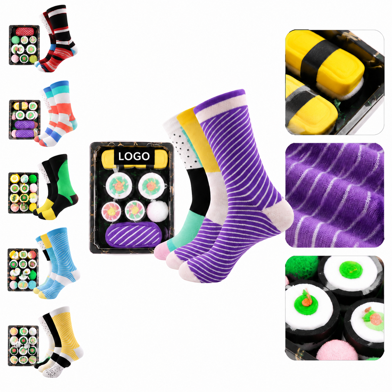 Novelty Food-Patterned Crew Sock Collection in Bento-Style Gift Box
