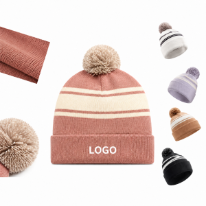 Dual-Tone Striped Knit Beanie with Accent Pom and Folded Cuff